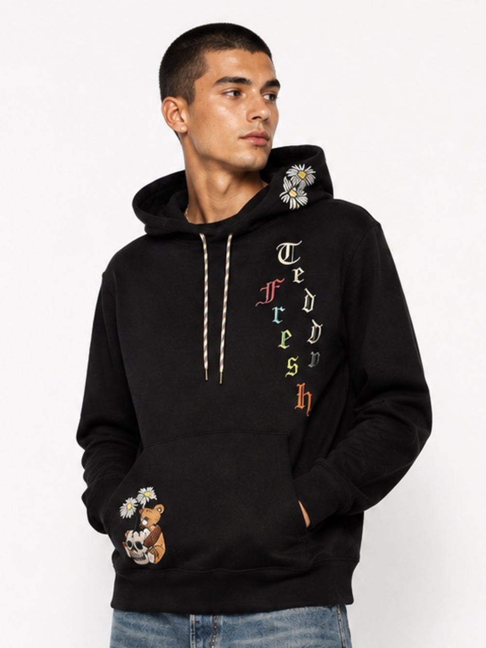 Teddy Fresh Black Graphic Hoodie streetwear with Lettering, Bear & daisies- S